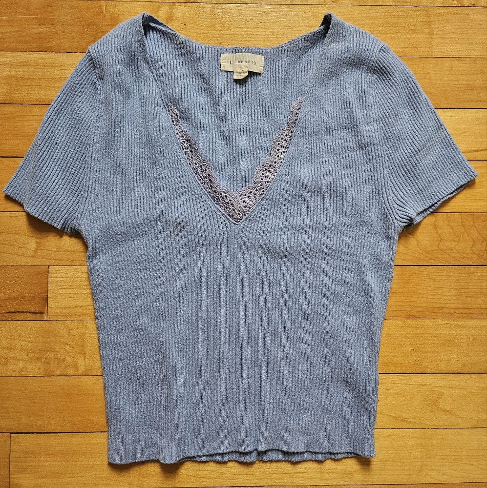 La Hearts Blue V-Neck Sweater/ Shirt With Lace Detail